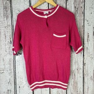 Vintage 1980s‎ Sostanza Short Sleeve Sweater Pink White Small Pullover Retro